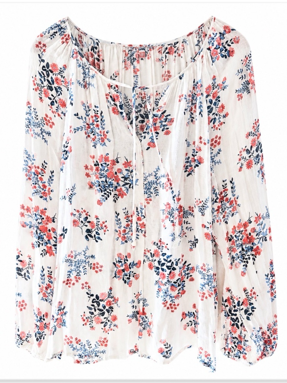 Lucky Brand Floral Boho Peasant Blouse XL White Blue Red Long Sleeve